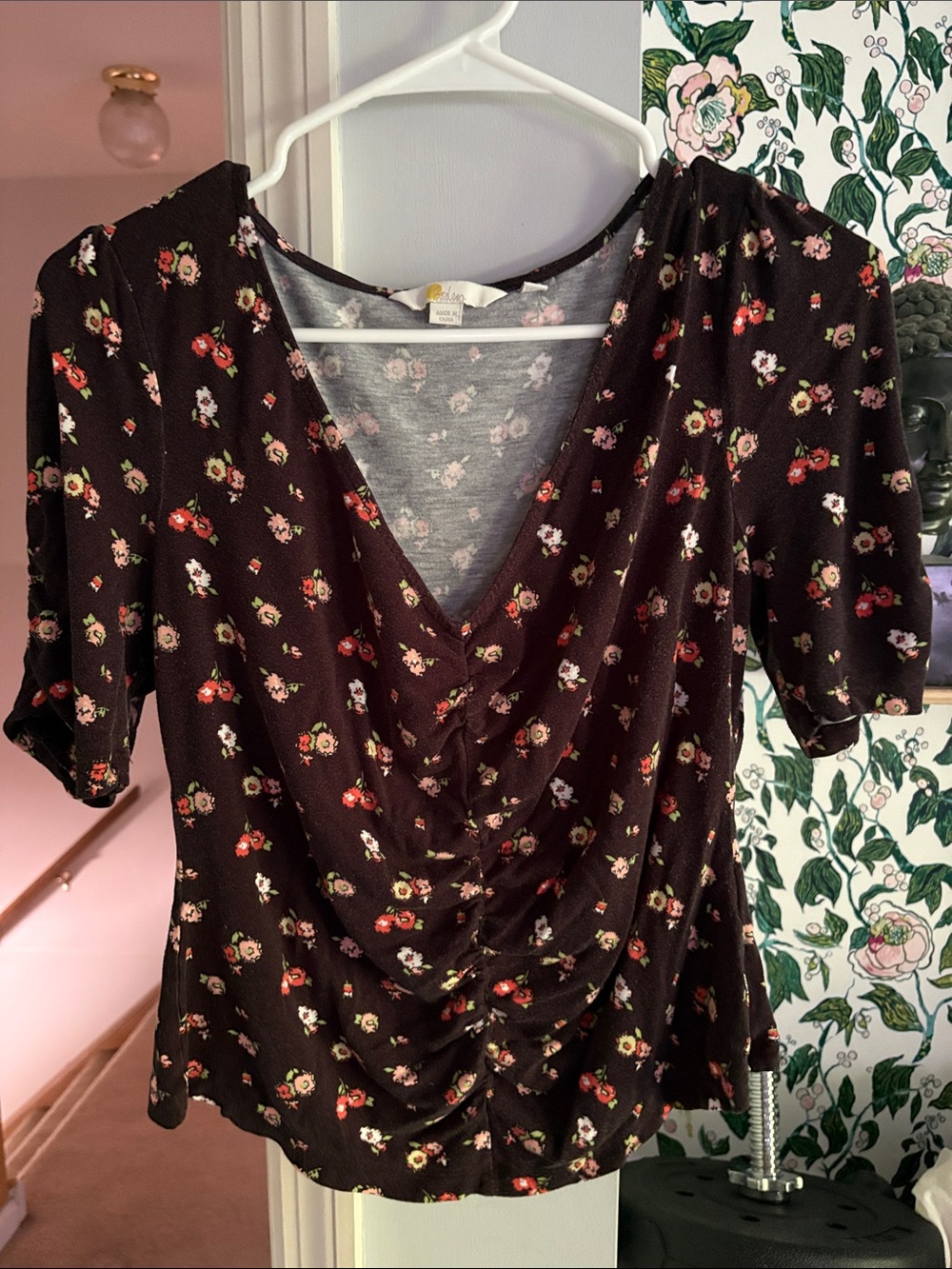 Boden Dark Floral Ruched V-Neck Top